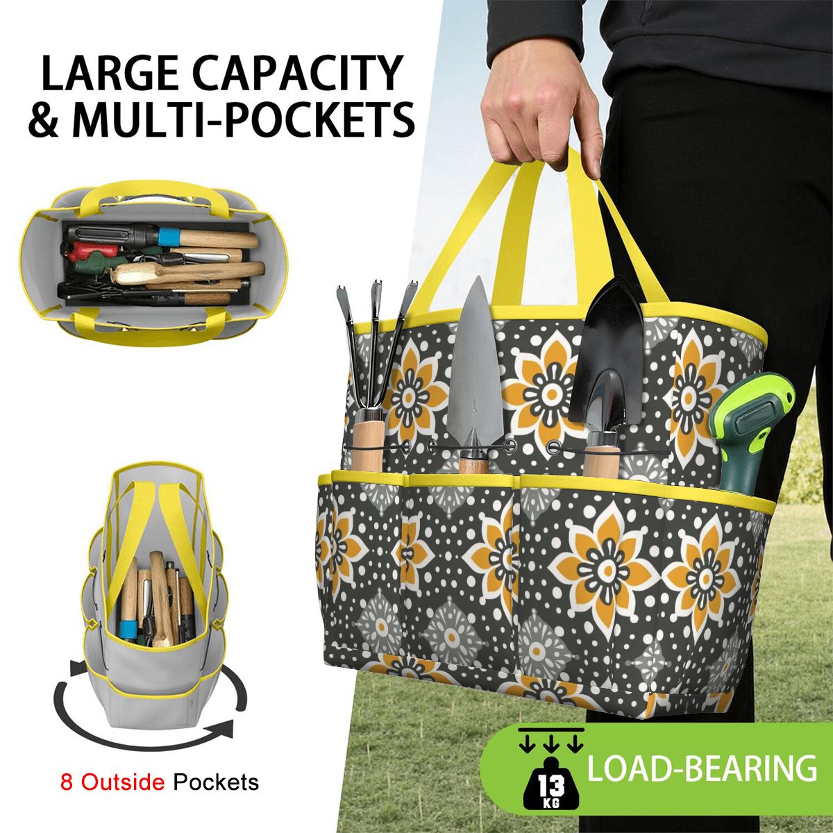 Floral Bohemian Retro Gray Yellow Modern Garden Tool Bag