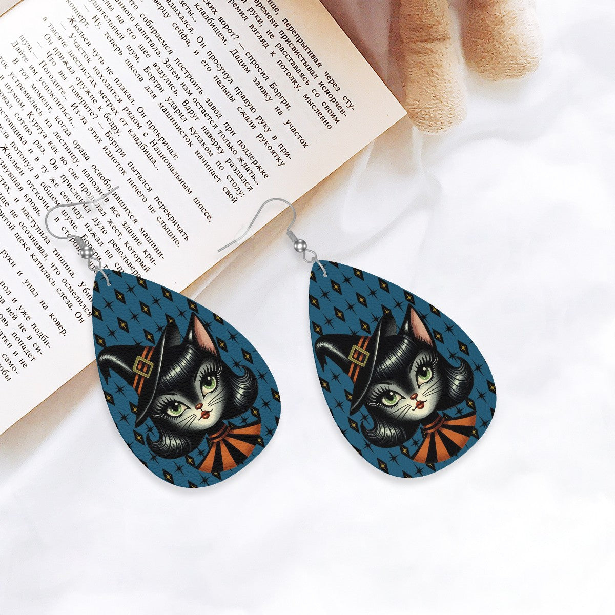 Vintage Halloween Black Cat Sexy Sexton Mid Century Modern Blue Vegan Leather Teardrop Earrings - Mid Century Modern Gal