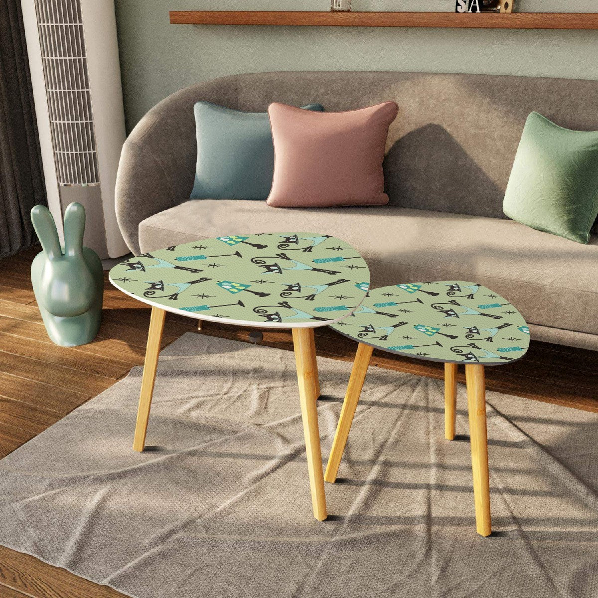 Atomic Cat Kitschy Mod Set Of Two Nesting Tables With Bamboo Legs - Mid Century Modern Gal