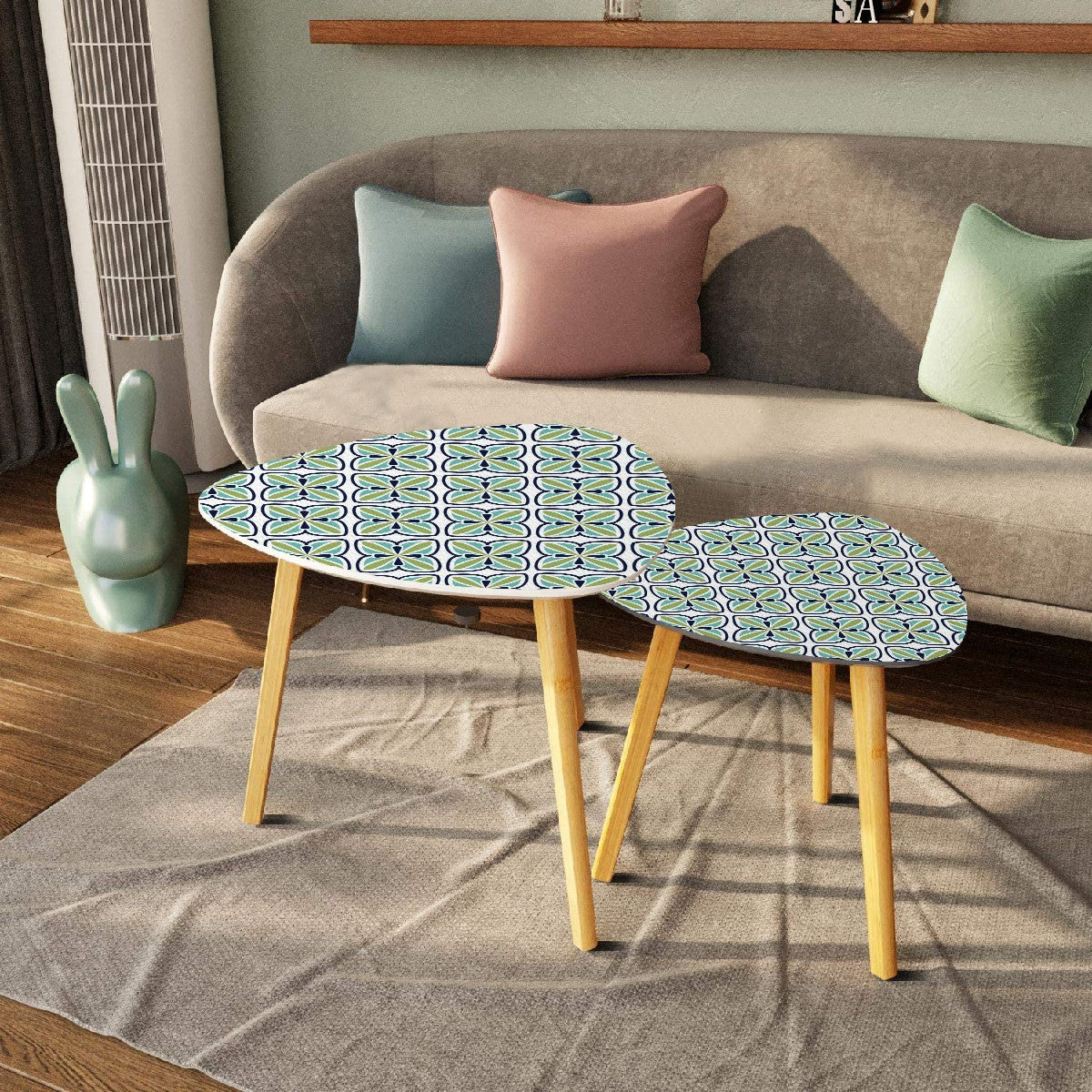 Modern Danish Scandinavian Blue, Green White MCM Nesting Tables - Mid Century Modern Gal
