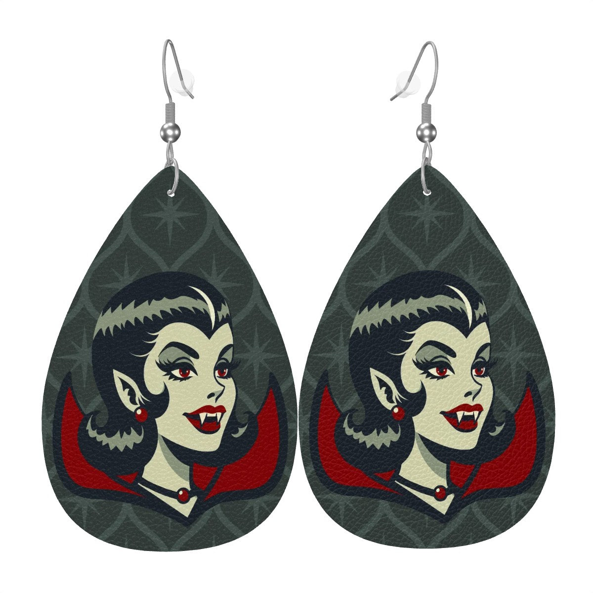 Vampire Dracula Girl Halloween Goth Horror Buff MCM Green Vegan Leather Teardrop Earrings - Mid Century Modern Gal