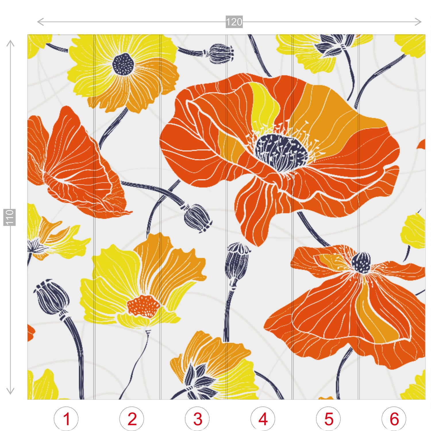 Vintage Poppy Orange Yellow Retro Florals, Mid Century Modern Wall Murals - Mid Century Modern Gal
