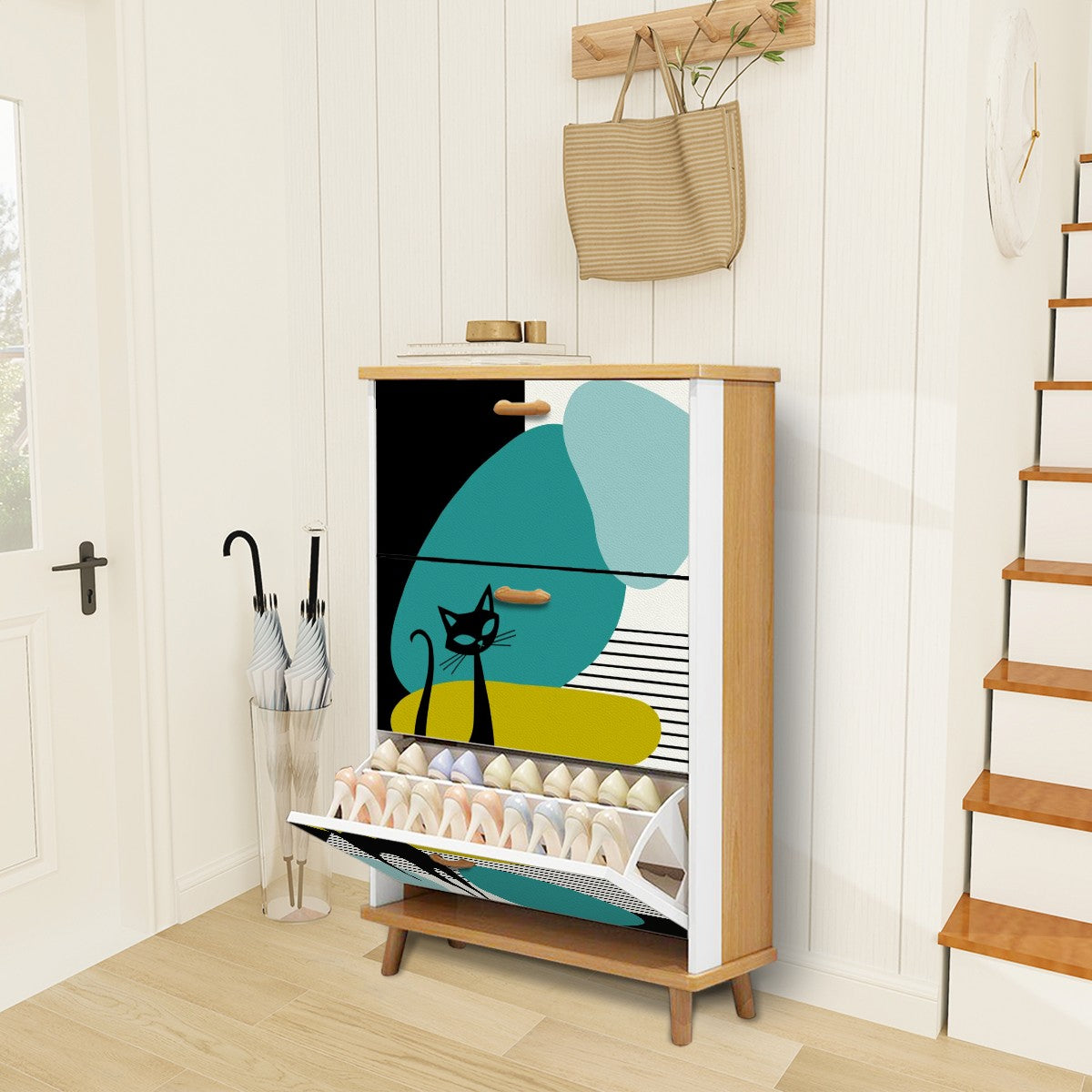 Mid Century Modern Shoe Cabinet, Atomic Cat Amoeba Designed Retro Shoe Storage