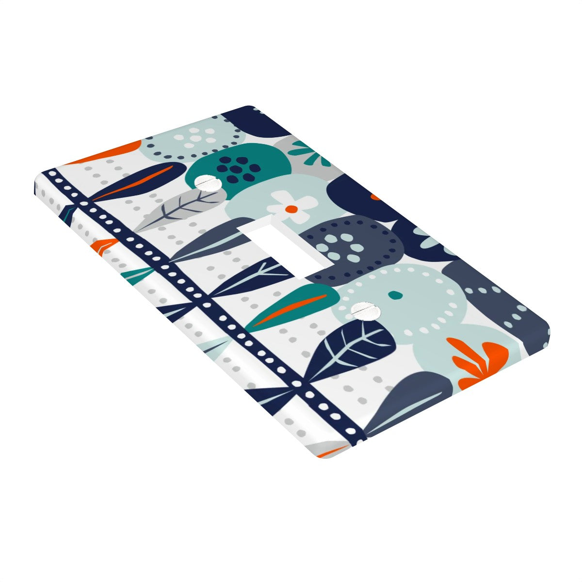 Modern Danish Scandinavian Floral Designed Blue, Teal, Orange White Switch Cover 1-Gang 1 Toggle - Mid Century Modern Gal