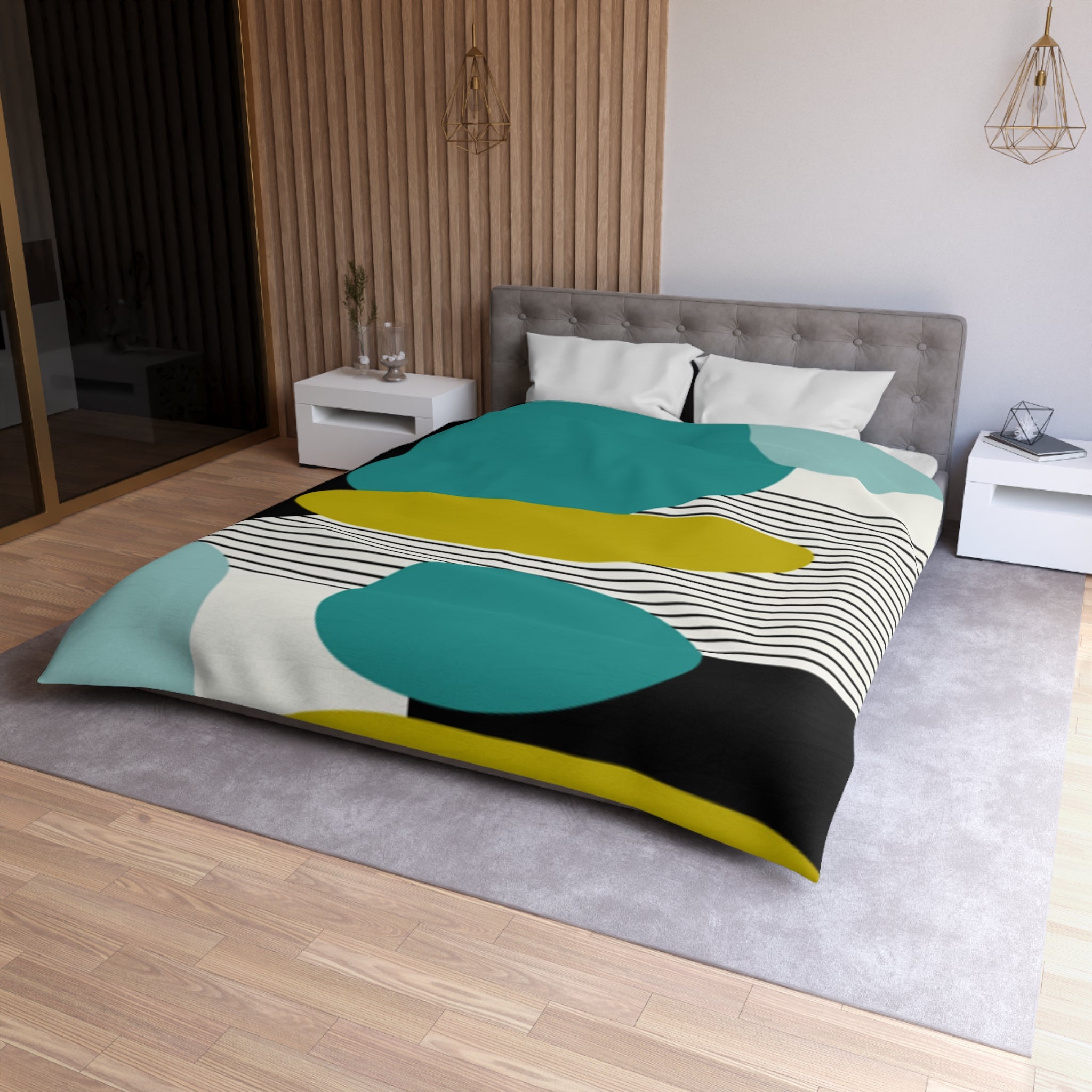 Mid Century Modern Retro MCM Design Abstract Turquoise, Green, Black, Light Blue Microfiber Duvet Cover - Mid Century Modern Gal
