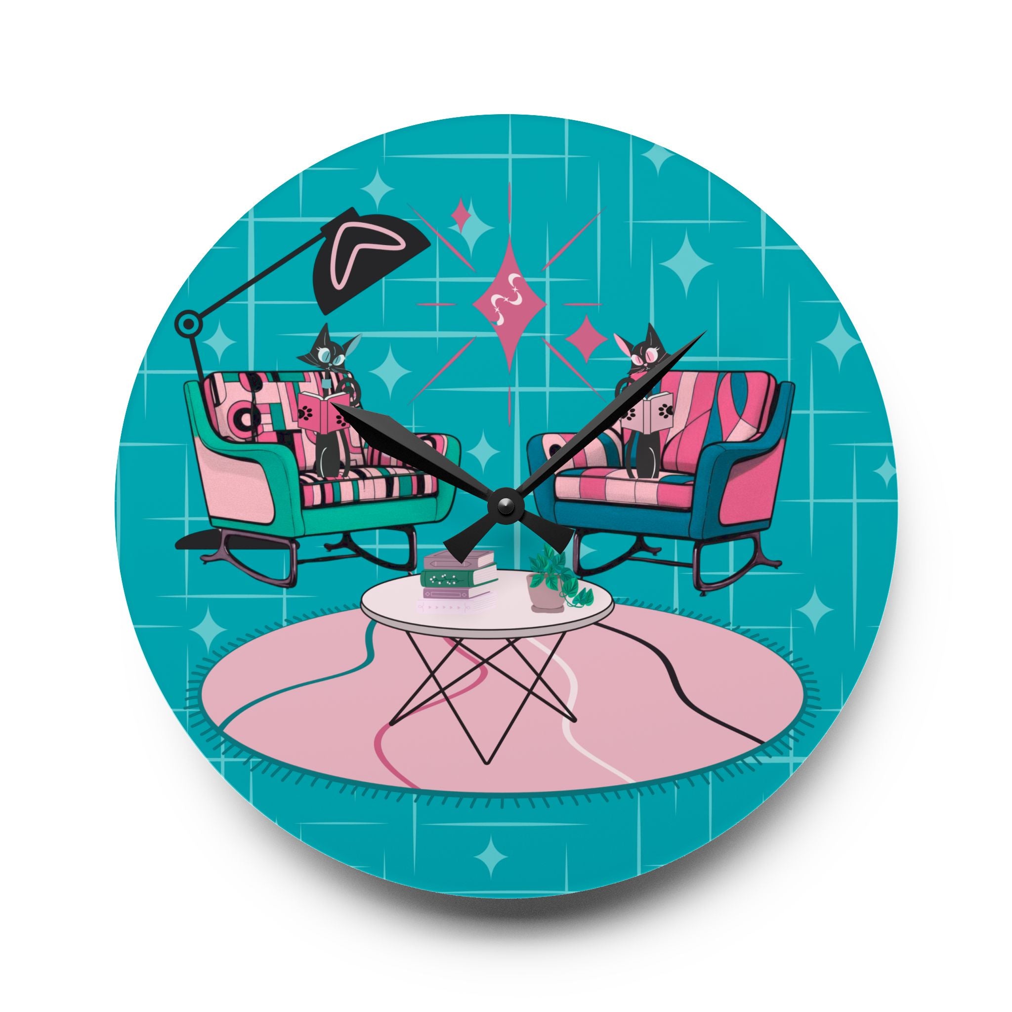 Atomic Reading Cats, Kitschy Mod Quirky Retro Modern Acrylic Wall Clock - Mid Century Modern Gal