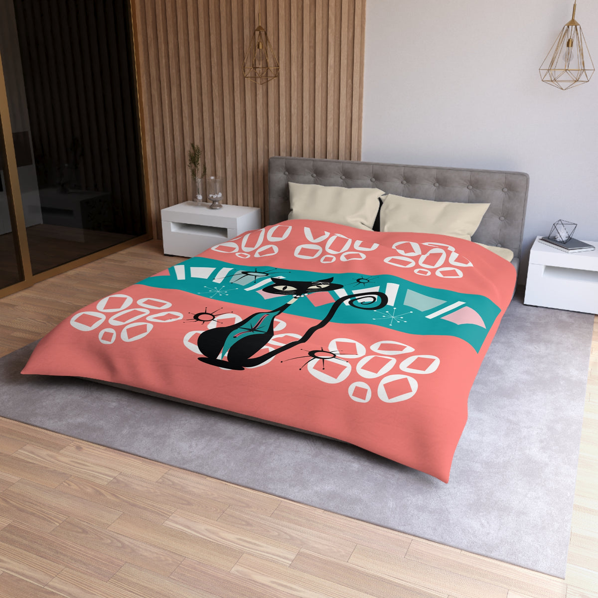 Mid Century Modern Atomic Cat, Coral, Teal, White Kitschy Funky Mod Duvet - Mid Century Modern Gal