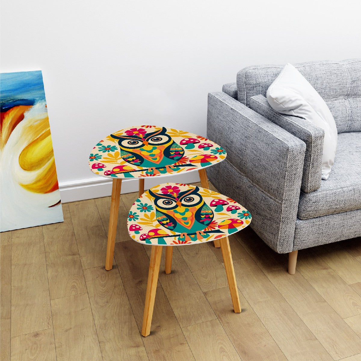 Hippie 70s Retro Owl, Mushoom Flower Power Mid Century Modern Nesting Tables - Mid Century Modern Gal