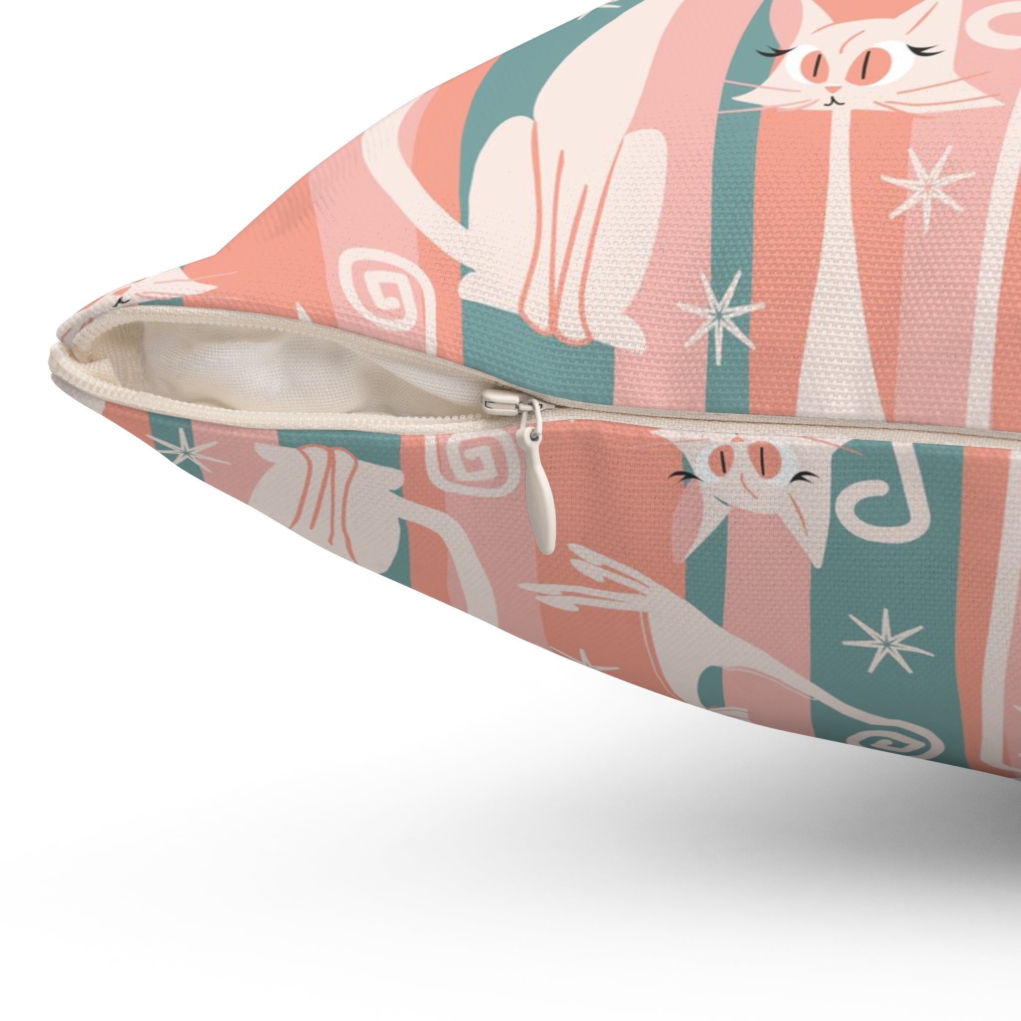 Atomic Cat Coral Pink And Aqua, Kitschy White Kitty Cat, Mid Century Modern Pillow And Insert - Mid Century Modern Gal