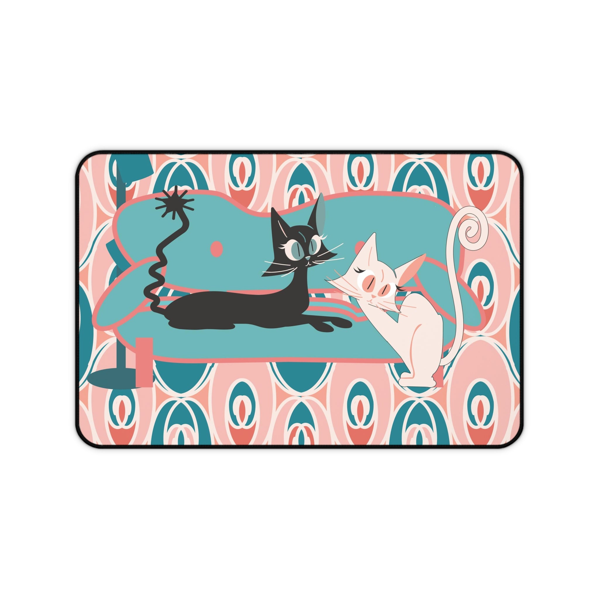 Mid Century Modern Atomic Cat Desk Mat, Pink, Teal, Cute And Kitschy Retro Office Decor - Mid Century Modern Gal