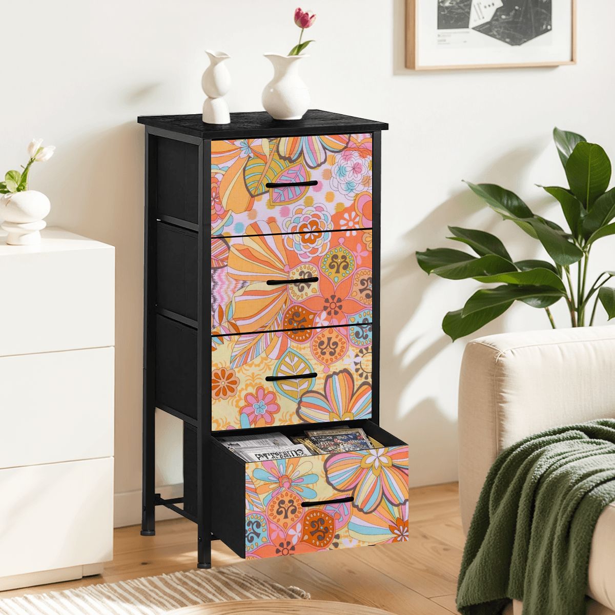 Vintage 70s Floral Pink Yellow Blue, Groovy Mid Mod Flower Power 4-Drawer Dresser - Mid Century Modern Gal