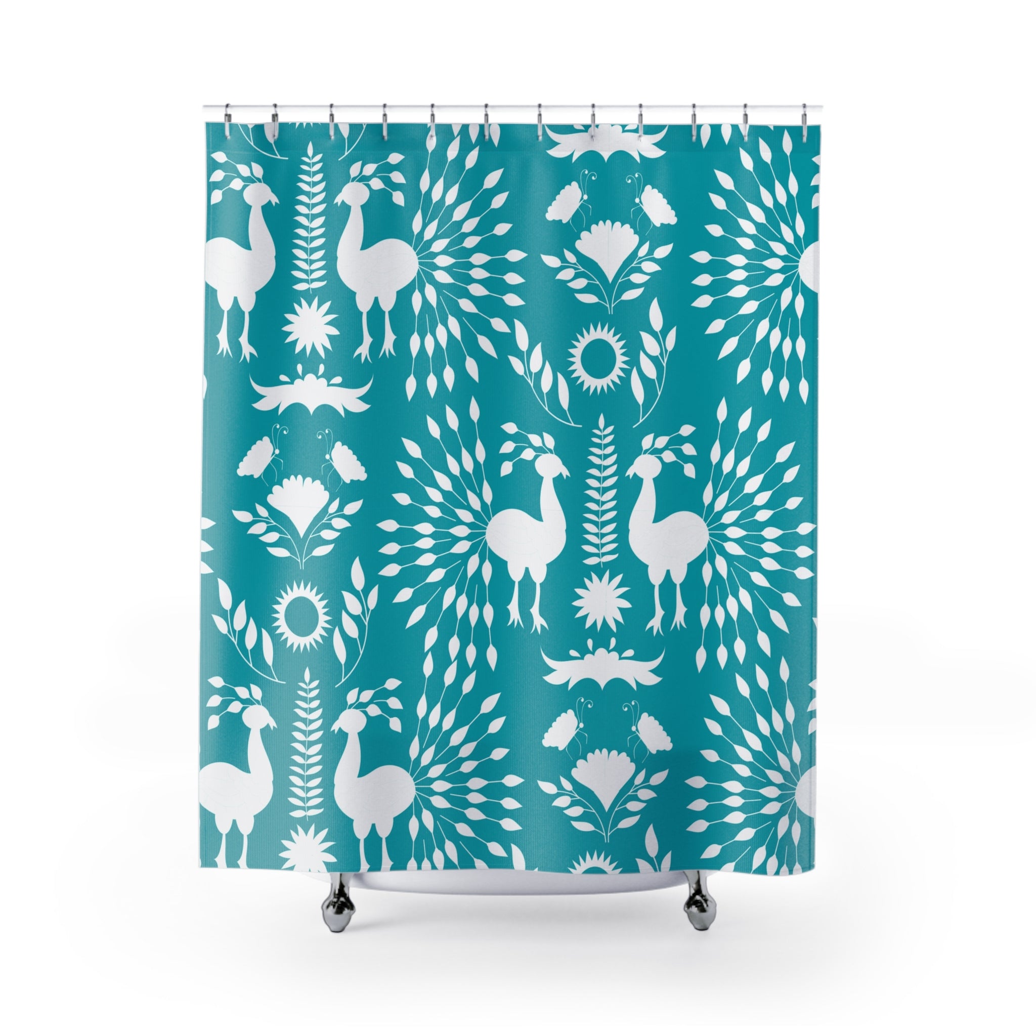 Scandinavian Teal Blue Chinoiserie Peacock Retro Mid Modern Shower Curtain - Mid Century Modern Gal