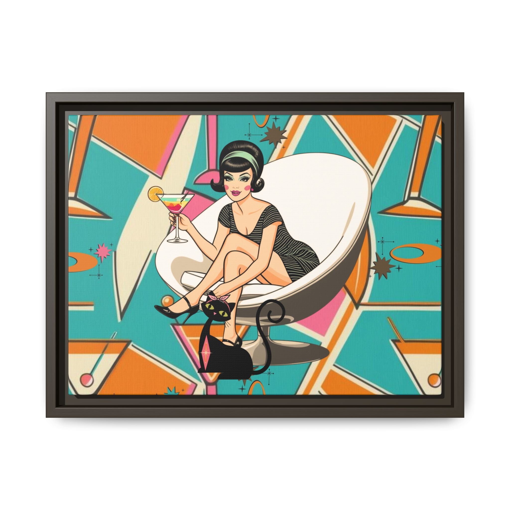 Mid Mod 60s Gal, Atomic Cat Barware Wall Art - Framed Matte Canvas with Vintage Cocktail And Retro Cat Design - Mid Century Modern Gal