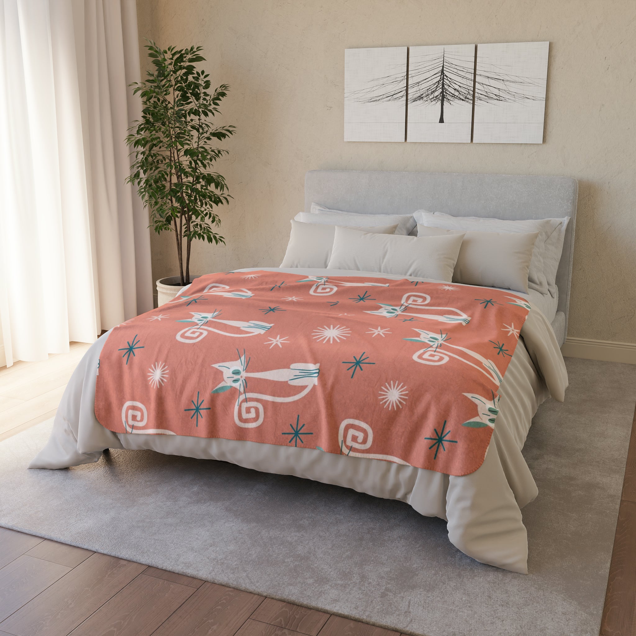 Cozy Cat, Atomic Cats, Coral, Teal Starburst Mid Century Modern Fleece Sherpa Blanket - Mid Century Modern Gal