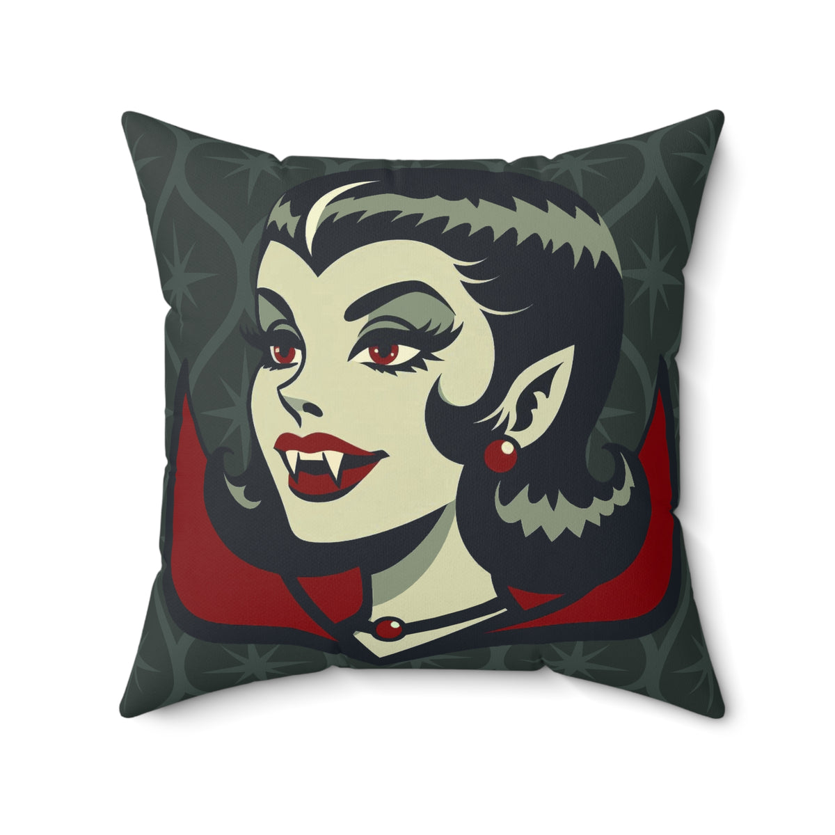 Vampire Dracula Girl Halloween Goth Horror Buff MCM Green Pillow Cover and Insert - Mid Century Modern Gal