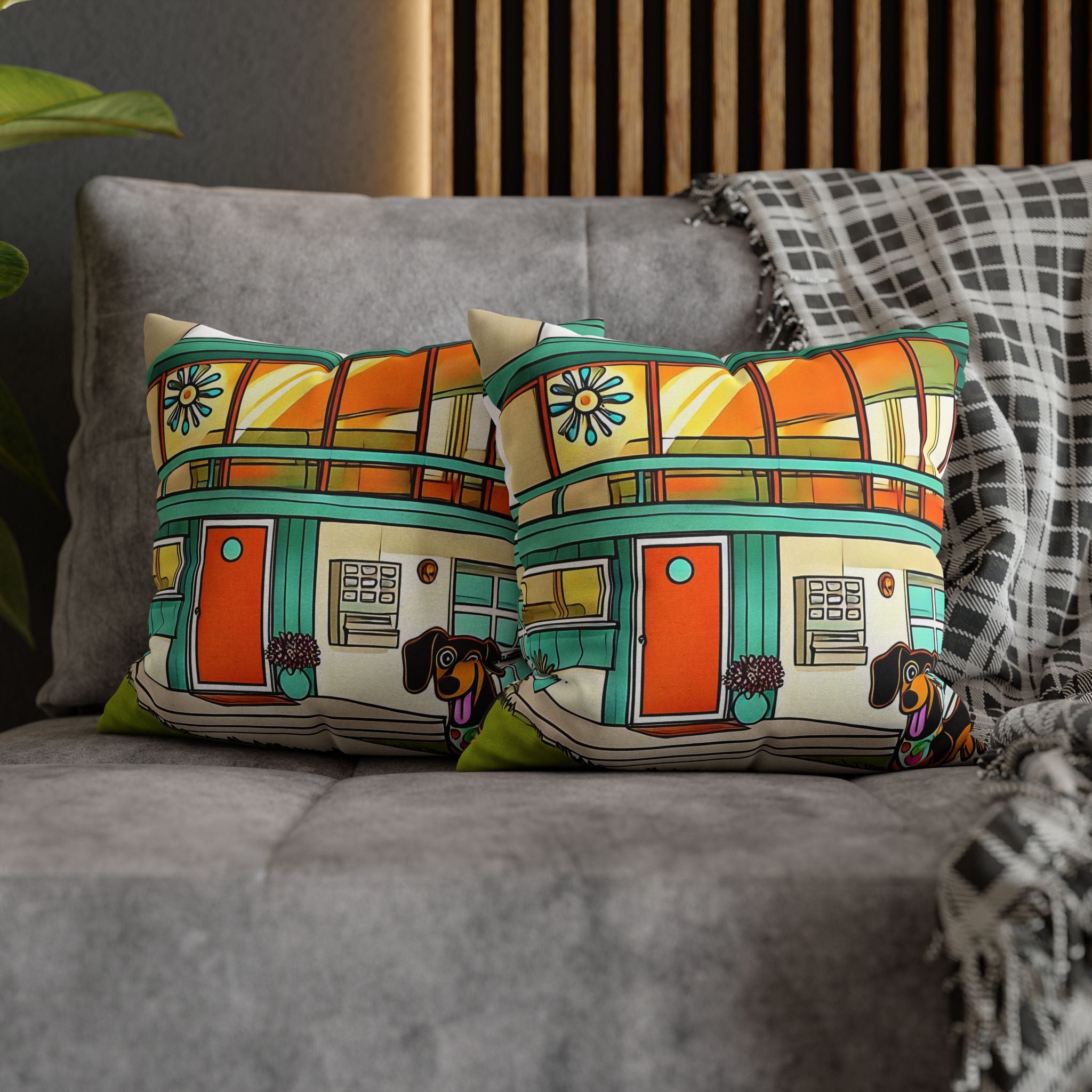 Doxie Dog Dwelling, Kitschy Mid Century Modern Pillow COVER Only - Mid Century Modern Gal