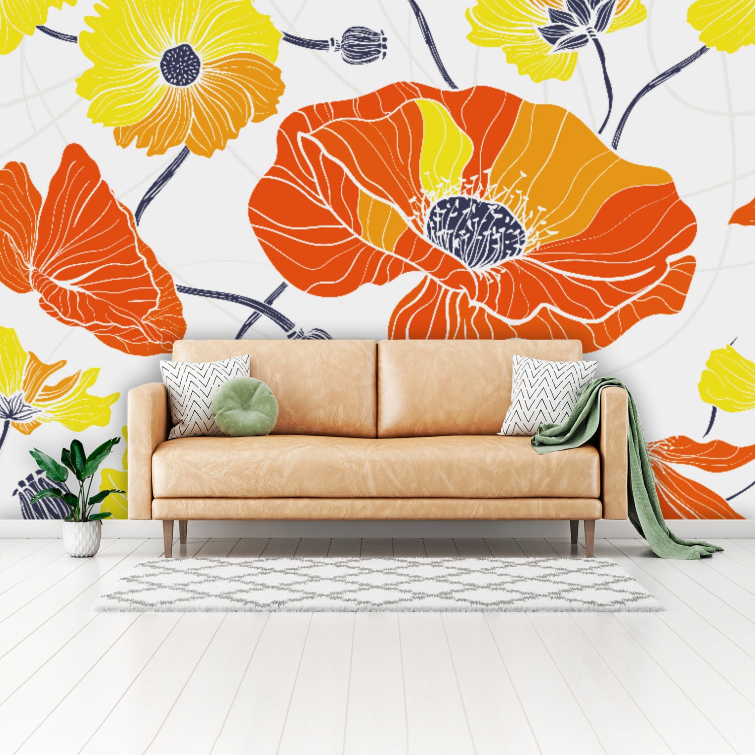 Vintage Poppy Orange Yellow Retro Florals, Mid Century Modern Wall Murals - Mid Century Modern Gal