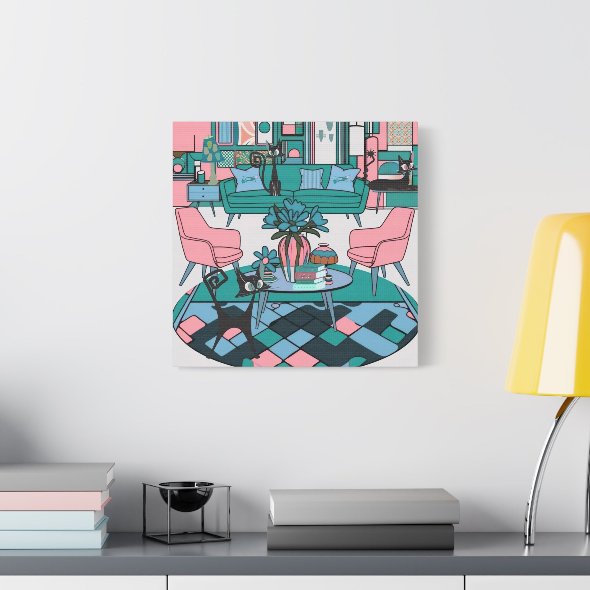 Atomic Cat Mid Century Modern Wall Art Colorful Cat-Themed Canvas Art - Mid Century Modern Gal