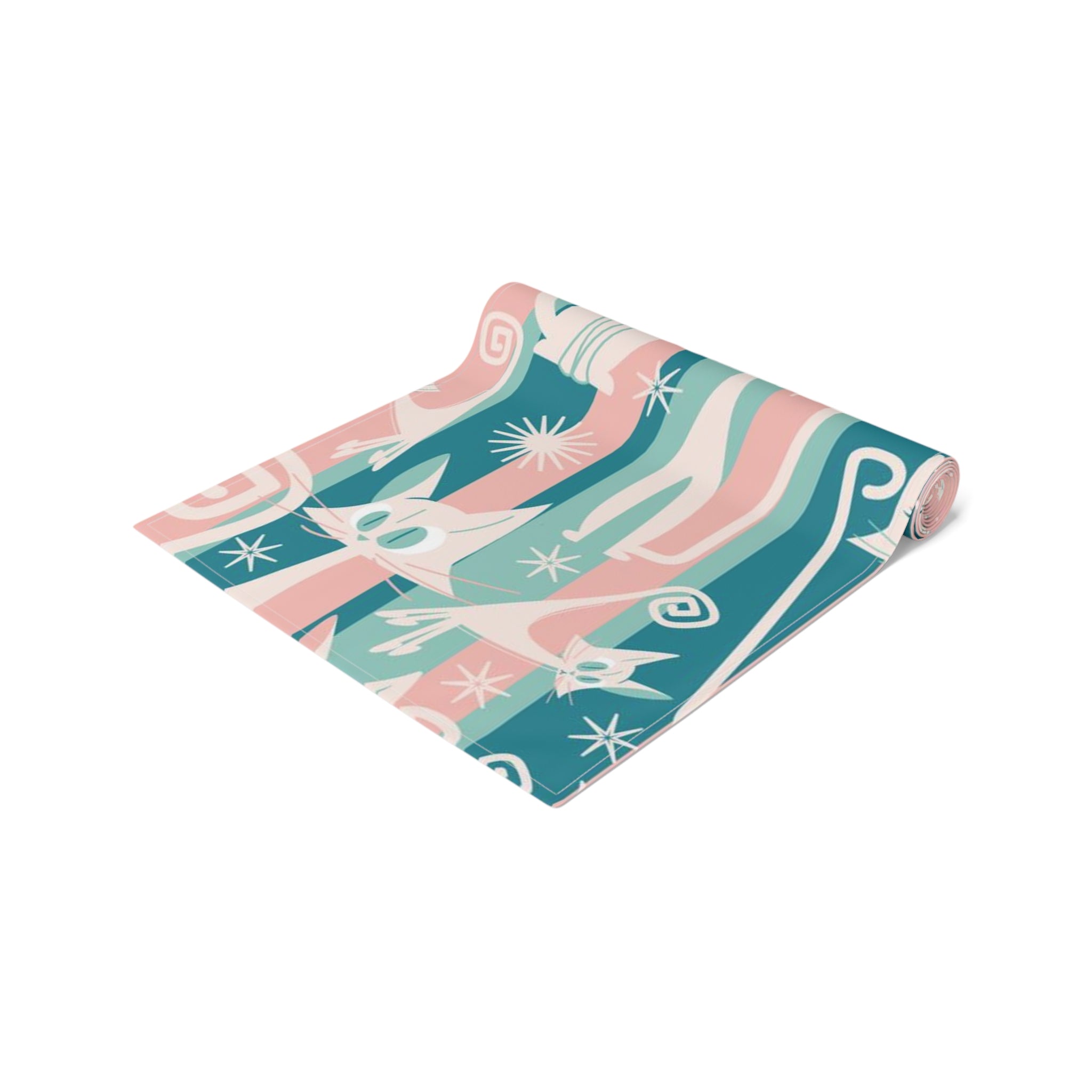 Kitschy Cat Cafe Aqua, Pink Bespoke Home Decor, Mid Century Modern Table Runner - Mid Century Modern Gal