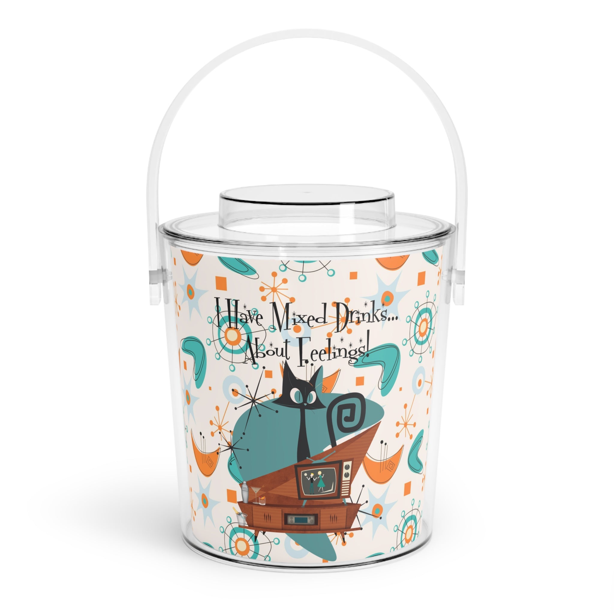 Mid Century Modern Atomic Boomerange Mid Century Barware, Funny Kitschy Saying, I Have Mixed Drinks, About Feelings, Retro Ice Bucket - Mid Century Modern Gal