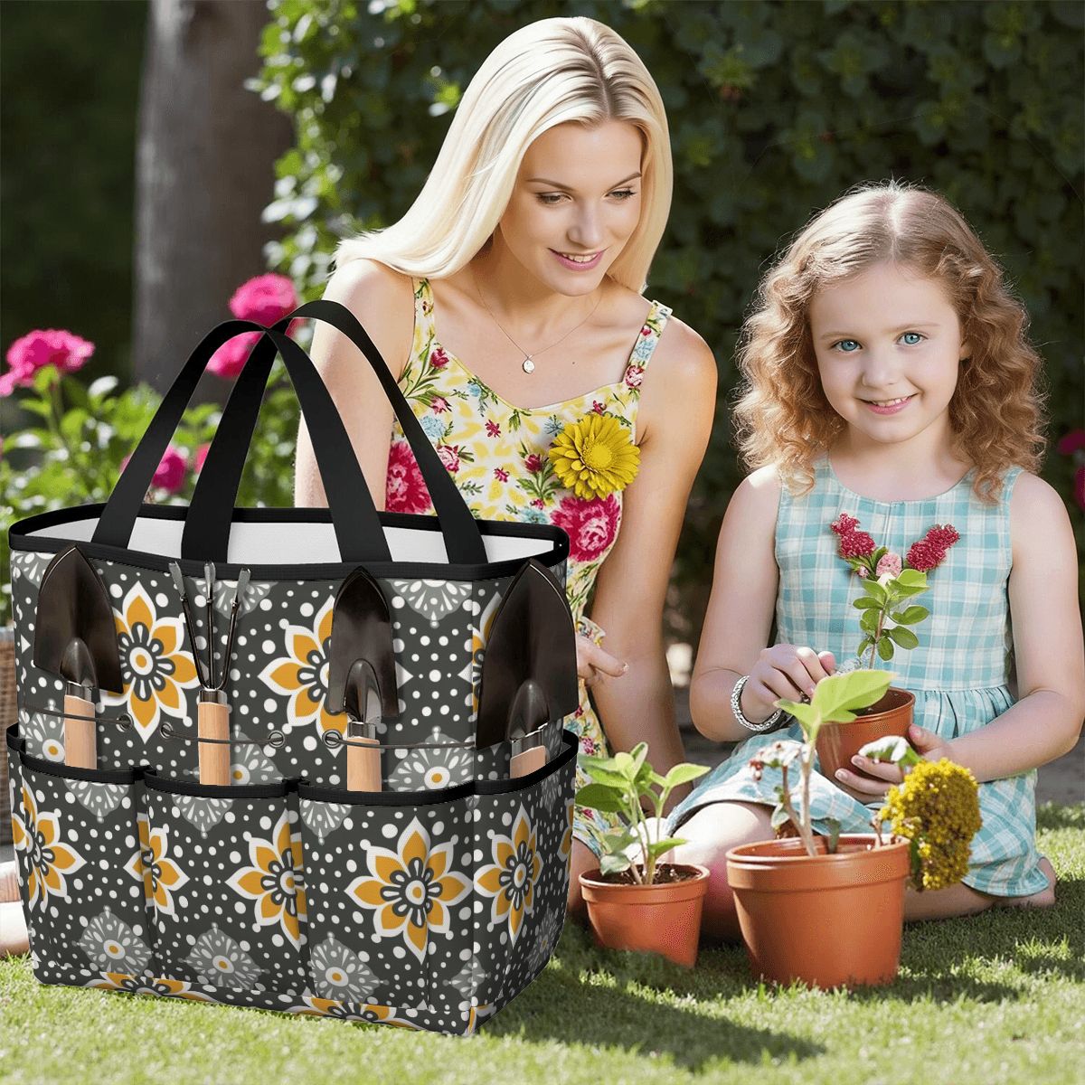 Floral Bohemian Retro Gray Yellow Modern Garden Tool Bag - Mid Century Modern Gal