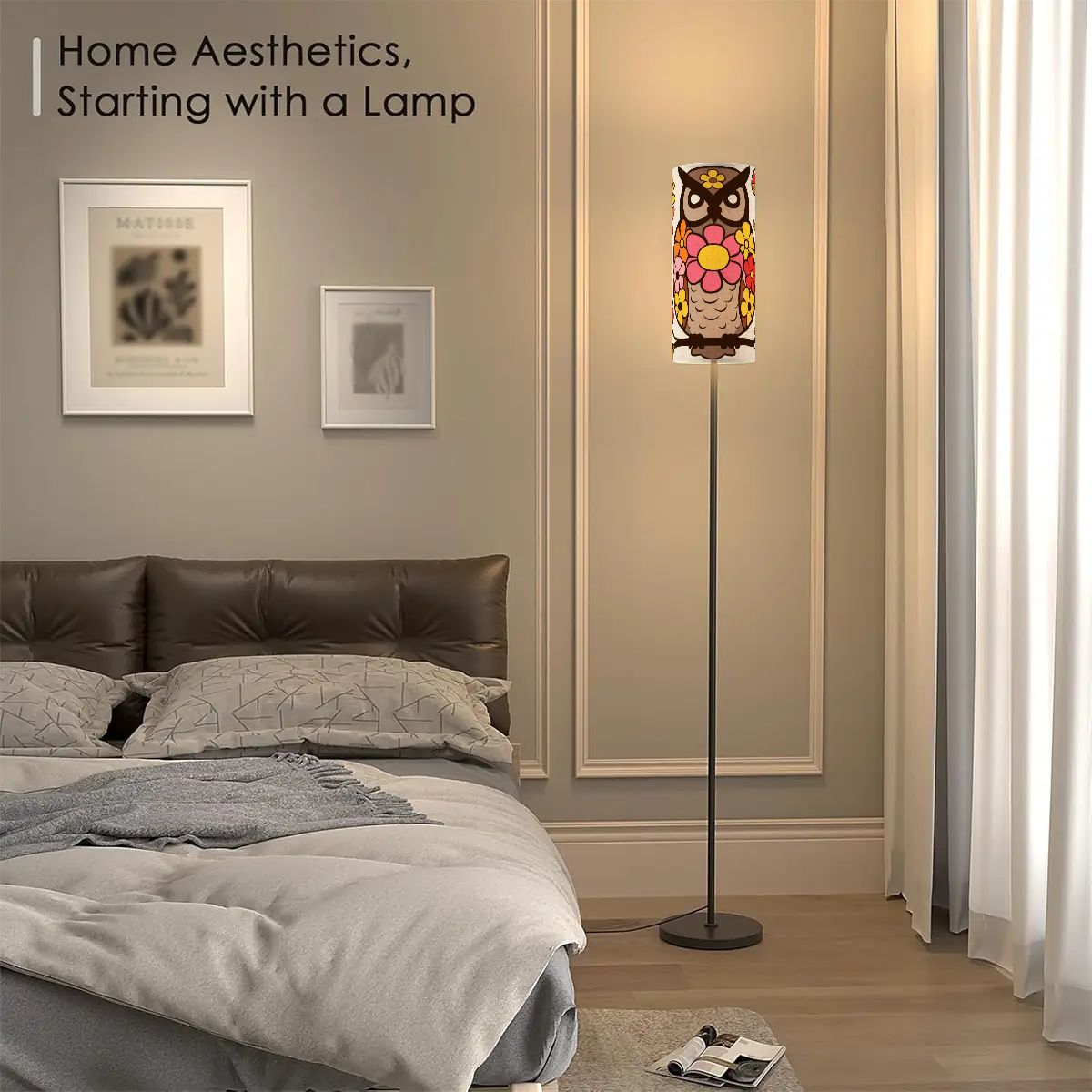 Mushroom Owl, Retro Mid Mod Flower Power 70s Home Decor Slim Floor Lamp - Mid Century Modern Gal