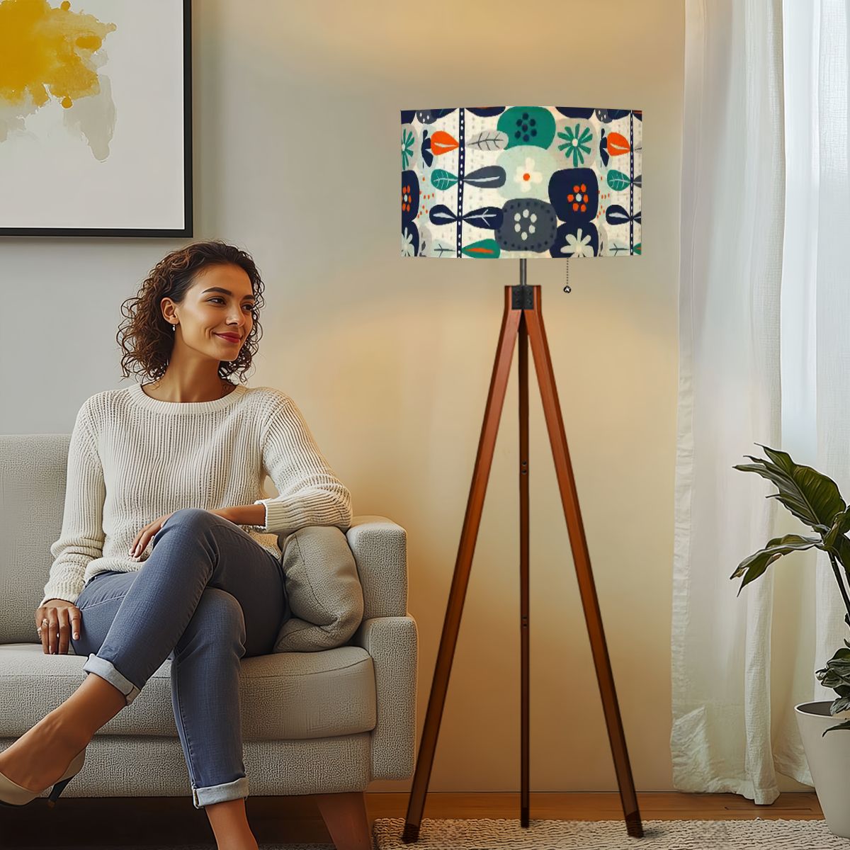 Scandinavian Floral Blue, Orange Modern Danish Nordic Hyggee Mid Century Modern Tripod Lamp - Mid Century Modern Gal