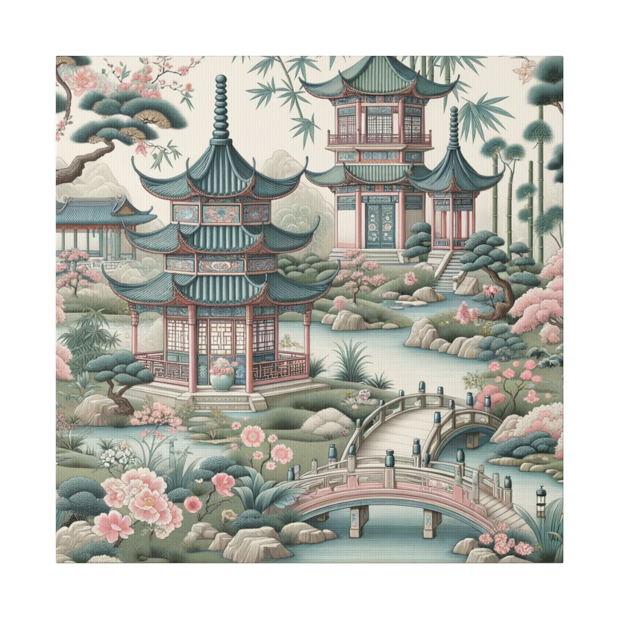 Chinoiserie Wall Art, Pagodas, Rivers, Pastel Southern Elegance Wall Art Matte Canvas - Mid Century Modern Gal