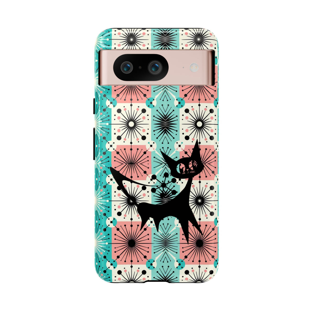 Atomic Kitschy Cat, Mid Century Modern Pink, Aqua Starbursts Tough Phone Case