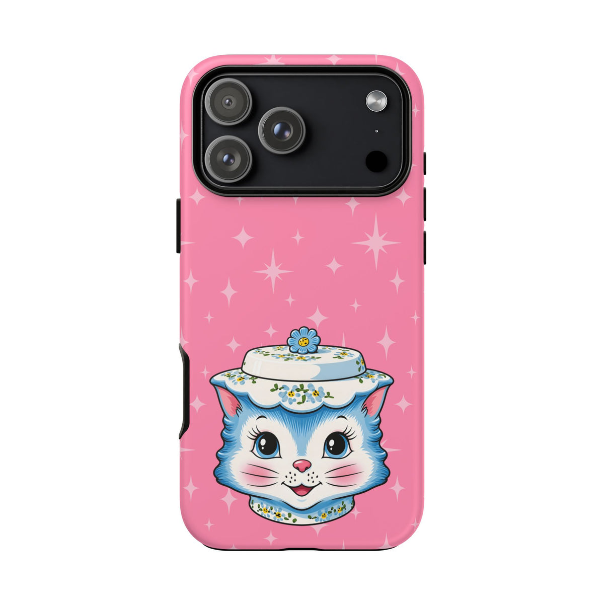 Mid Century Modern Kitschy Anthropomorphic Blue Cat with Floral Hat Tough Phone Case