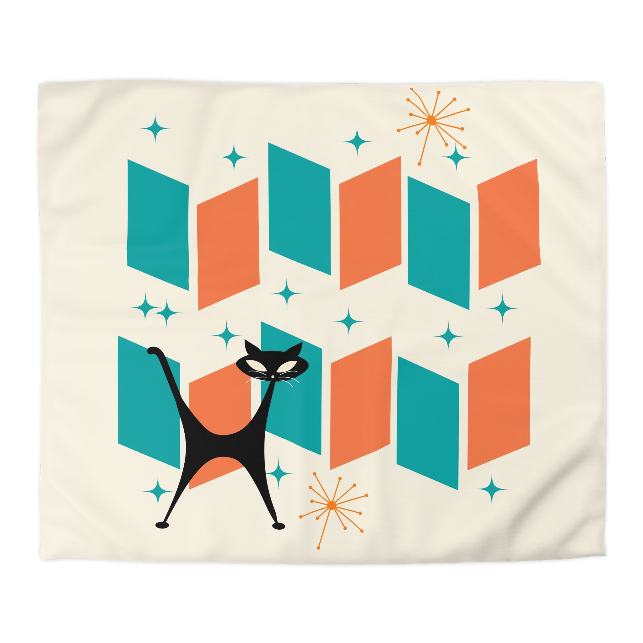 Mid Century Modern Orange, Teal, Retro Mod Duvet Cover With Atomic Cat Design - Mid Century Modern Gal