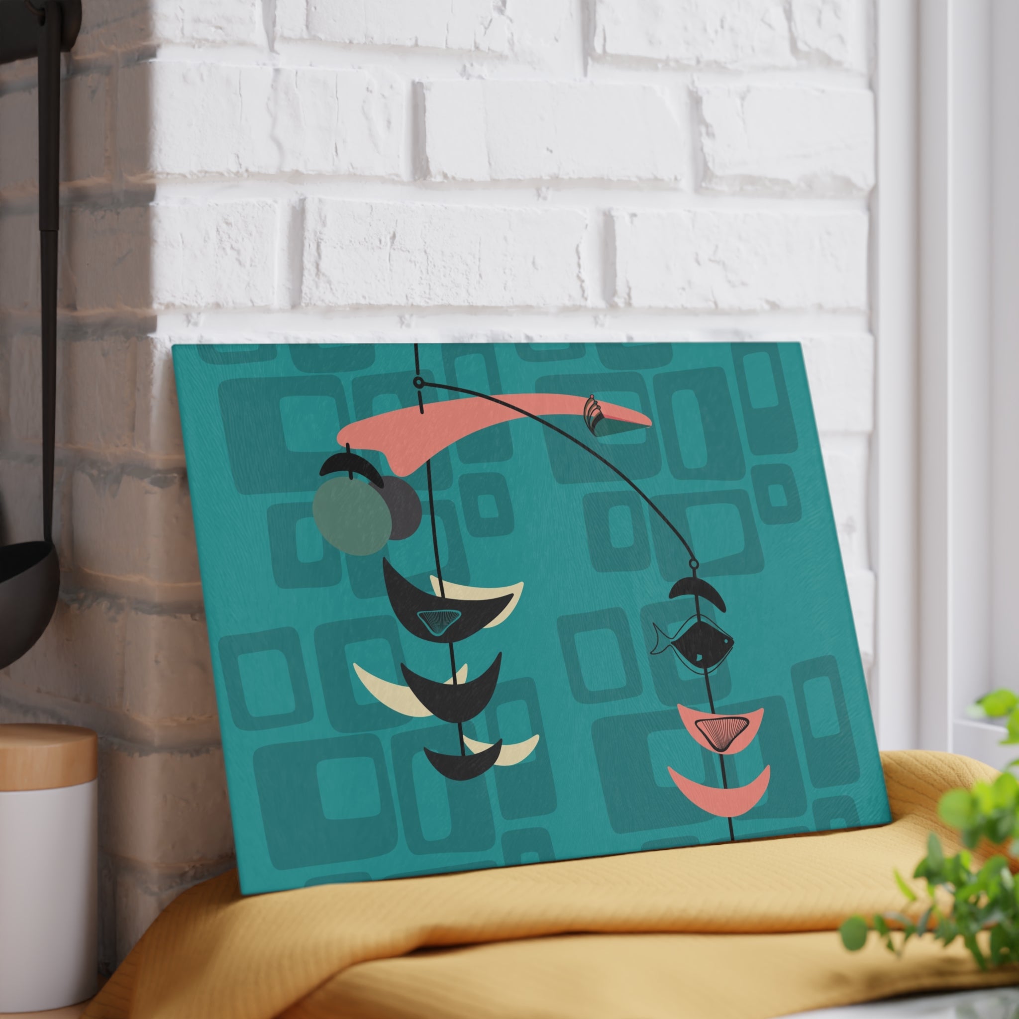 Atomic Fish Mid Century Modern Fish Art Modern Abstract Glass Cutting Board | Colorful Kitchen Decor | Gift for Foodies - Mid Century Modern Gal