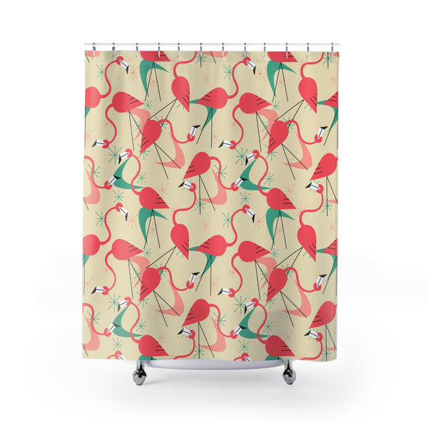 Palm Springs California Kitschy Mod Tropical Flamingo Shower Curtain Retro Summer Vibes