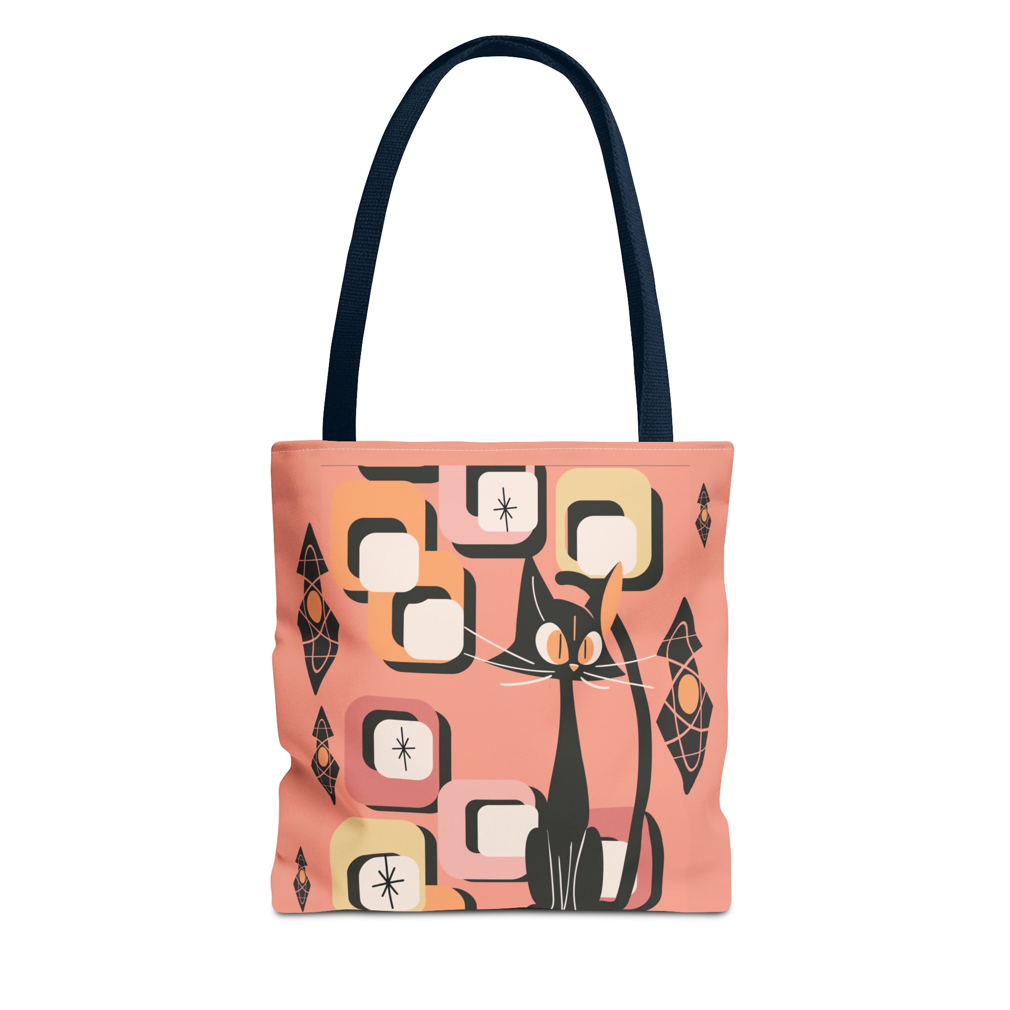 Atomic Cat Tote Bag, Coral Color, Mid Century Modern Geometric Designs, Mid Mod Retro Apparel