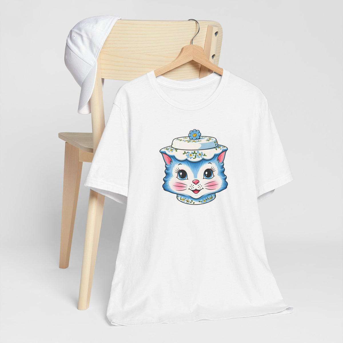 Mid Century Modern Kitschy Anthropomorphic Blue Cat with Floral Hat Unisex T-Shirt