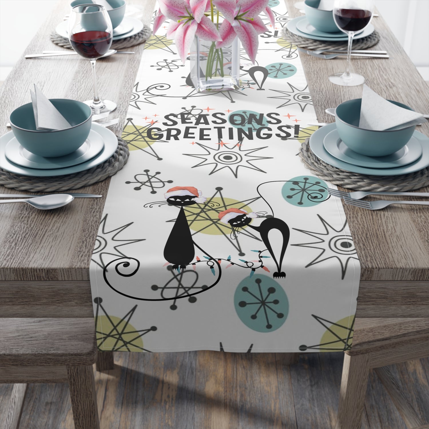 Mid Century Modern Franciscan Starburst, Kitschy 50s Atomic Cat Season Greetings Holiday Table Runner - Mid Century Modern Gal