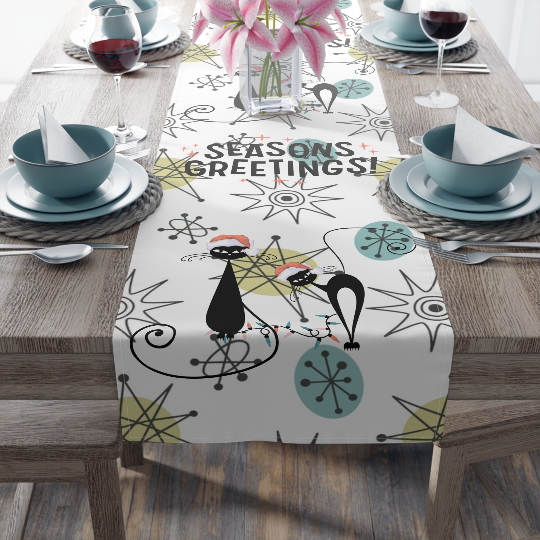 Mid Century Modern Franciscan Starburst, Kitschy 50s Atomic Cat Season Greetings Holiday Table Runner - Mid Century Modern Gal