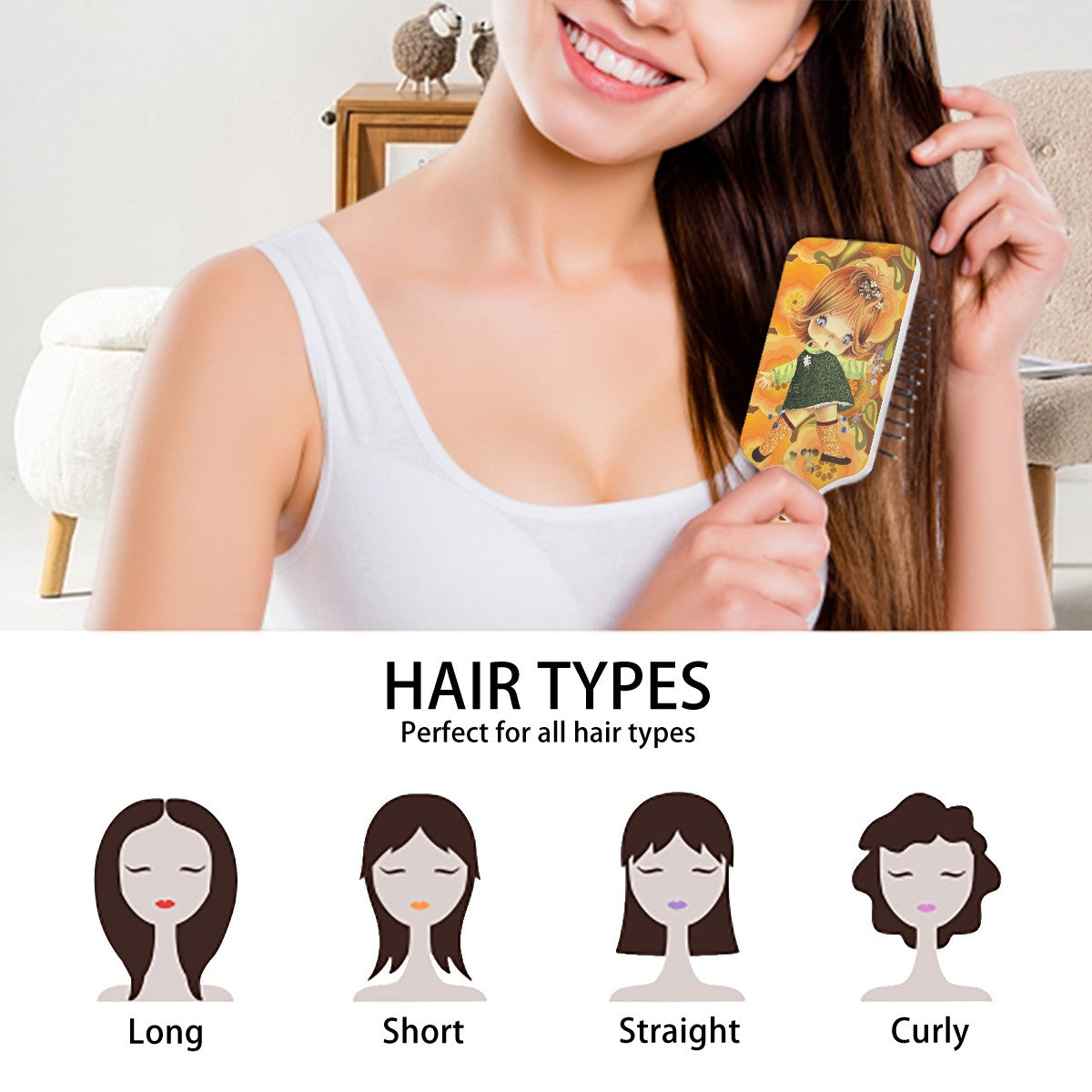 60s 70s Big Eyed Girl, Red Head, Orange Marigold Groovy Designed Air Cushion Hair Brush - Mid Century Modern Gal