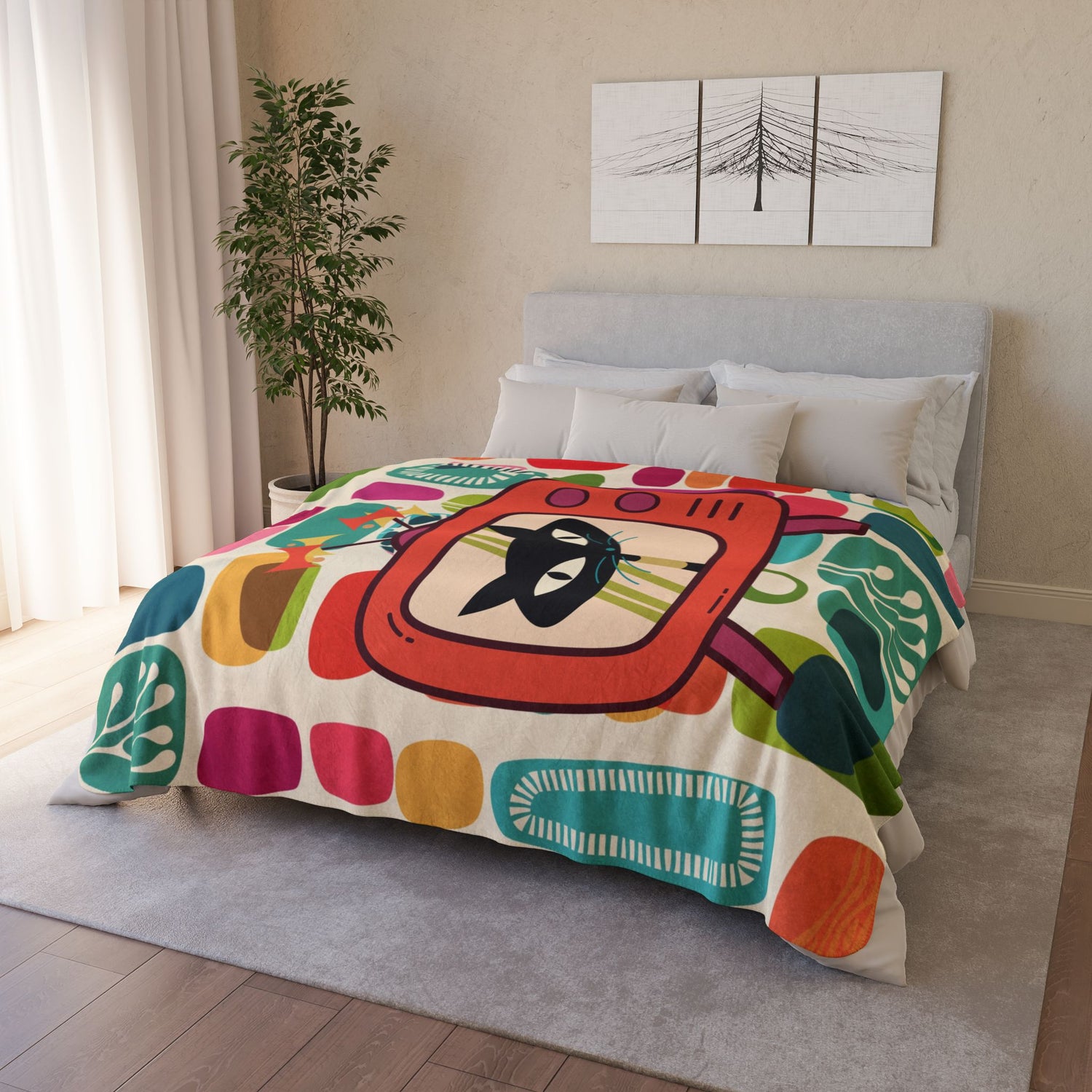 Mid Century Modern Amoeba Designed Atomic Cat Retro Mod Velveteen Microfiber Blanket - Mid Century Modern Gal