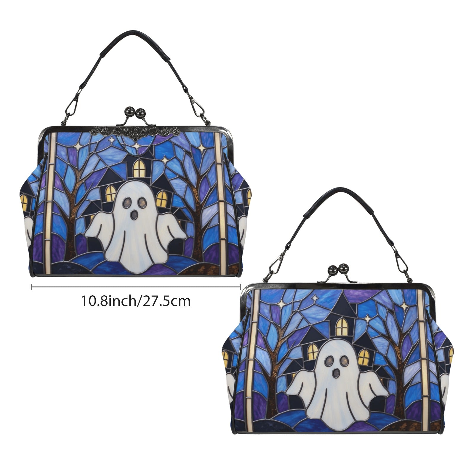 Halloween Stained Glass Style Ghost Haunted House Kisslock Crossbody Purse