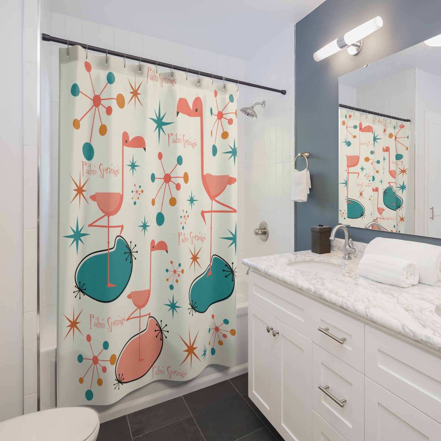 Palm Springs California, 50s Flamingo, Starburst Mid Century Modern Shower Curtain - Mid Century Modern Gal