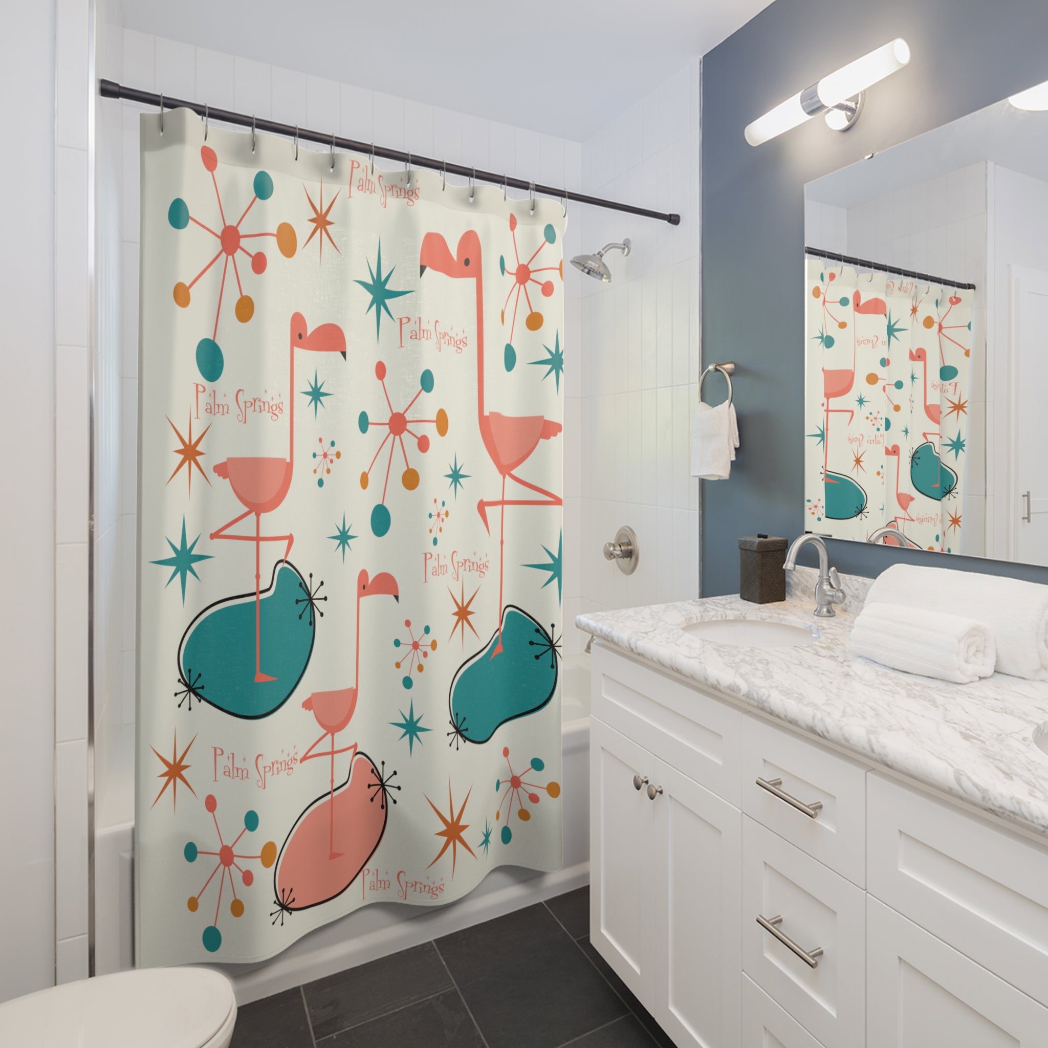 Palm Springs California, 50s Flamingo, Starburst Mid Century Modern Shower Curtain - Mid Century Modern Gal