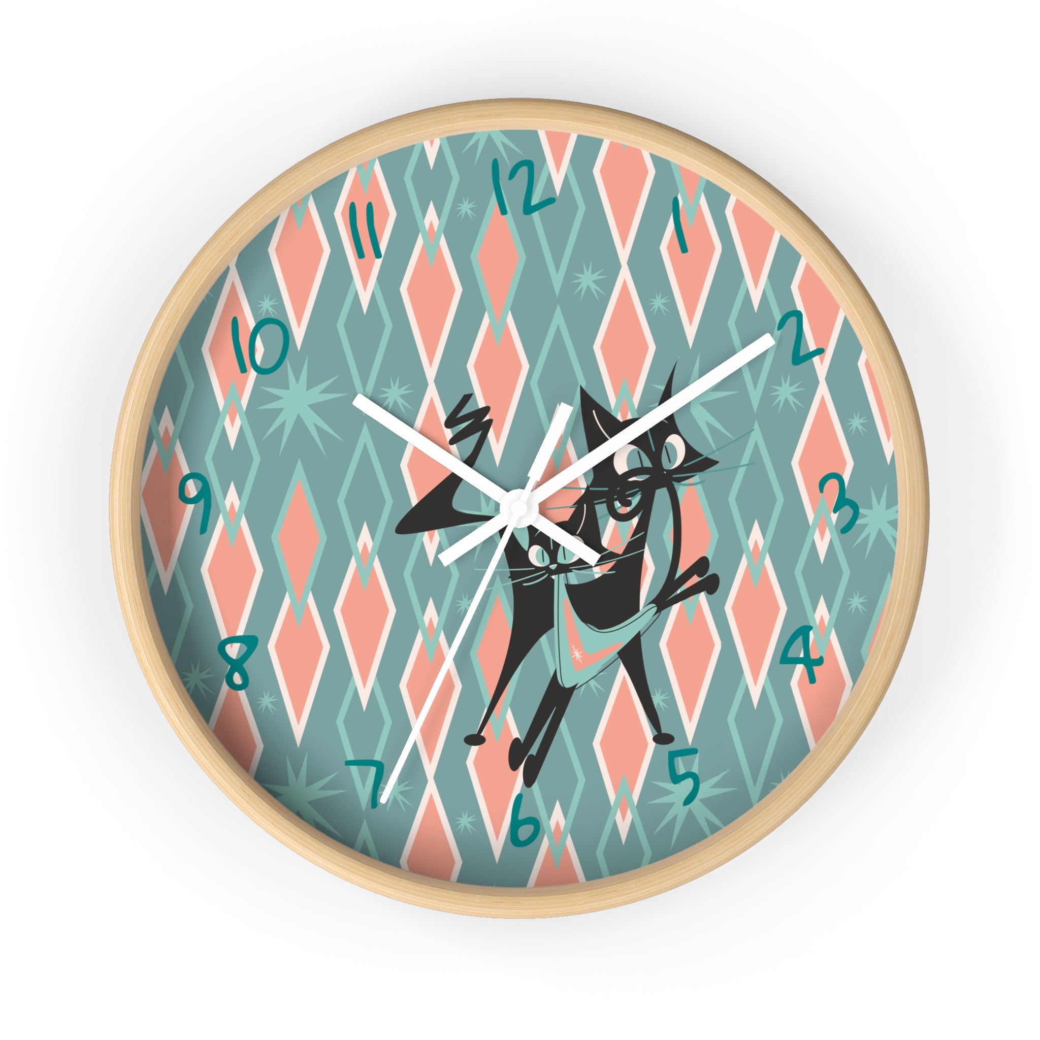 Retro Kitchen Wall Clock For Atomic Cat Black Cat Lovers, Mid Century Modern Designed, Teal, Pink Harlequin Diamond Designed MCM Clock - Mid Century Modern Gal