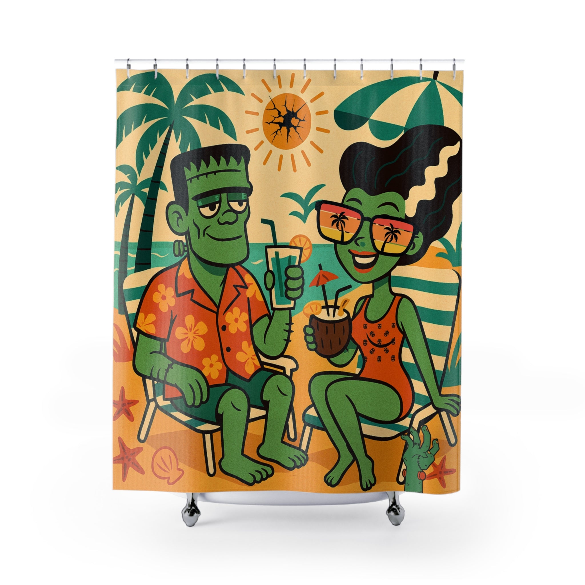 Retro Frankenstein And Bride, Kitschy Mod Monster Shower Curtain - Fun Tropical Design with Vintage Vibe - Mid Century Modern Gal