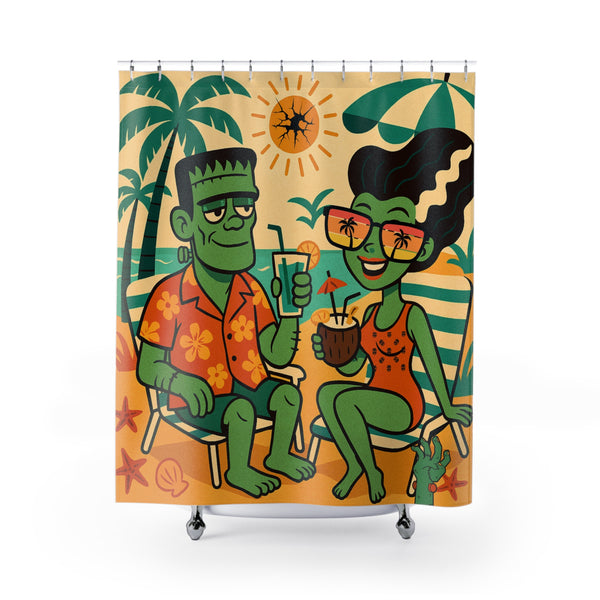 Retro Frankenstein And Bride, Kitschy Mod Monster Shower Curtain - Fun Tropical Design with Vintage Vibe