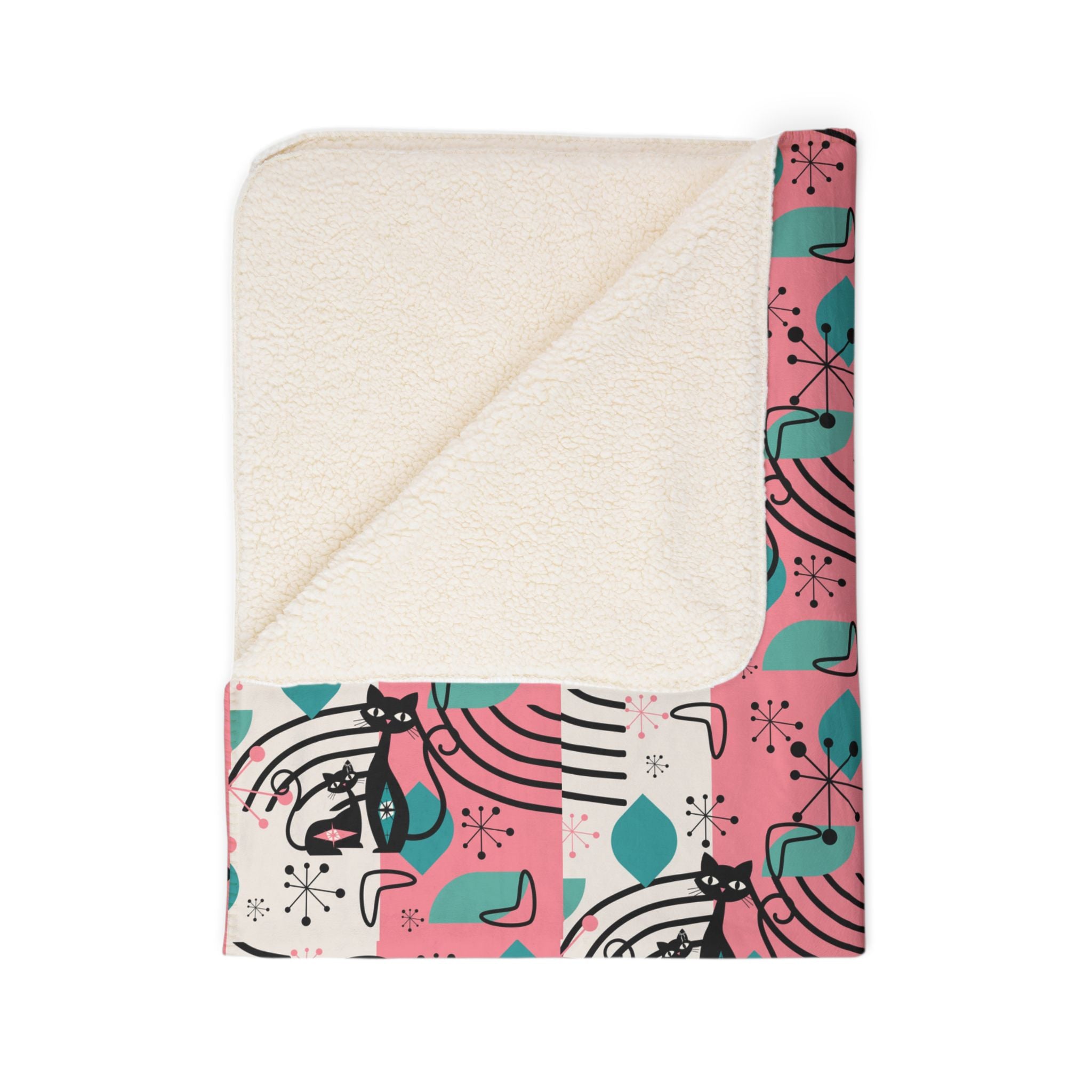 Mid-Century Modern Atomic Cat Pink Teal Retro Cat Fleece Sherpa Blanket - Cozy & Stylish - Mid Century Modern Gal