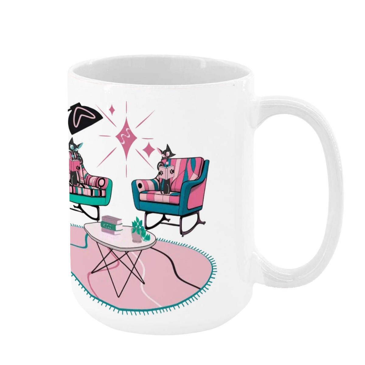 Atomic Reading Cats, Kitschy Mid Century Modern Large Colorful Mug (15oz) - Mid Century Modern Gal