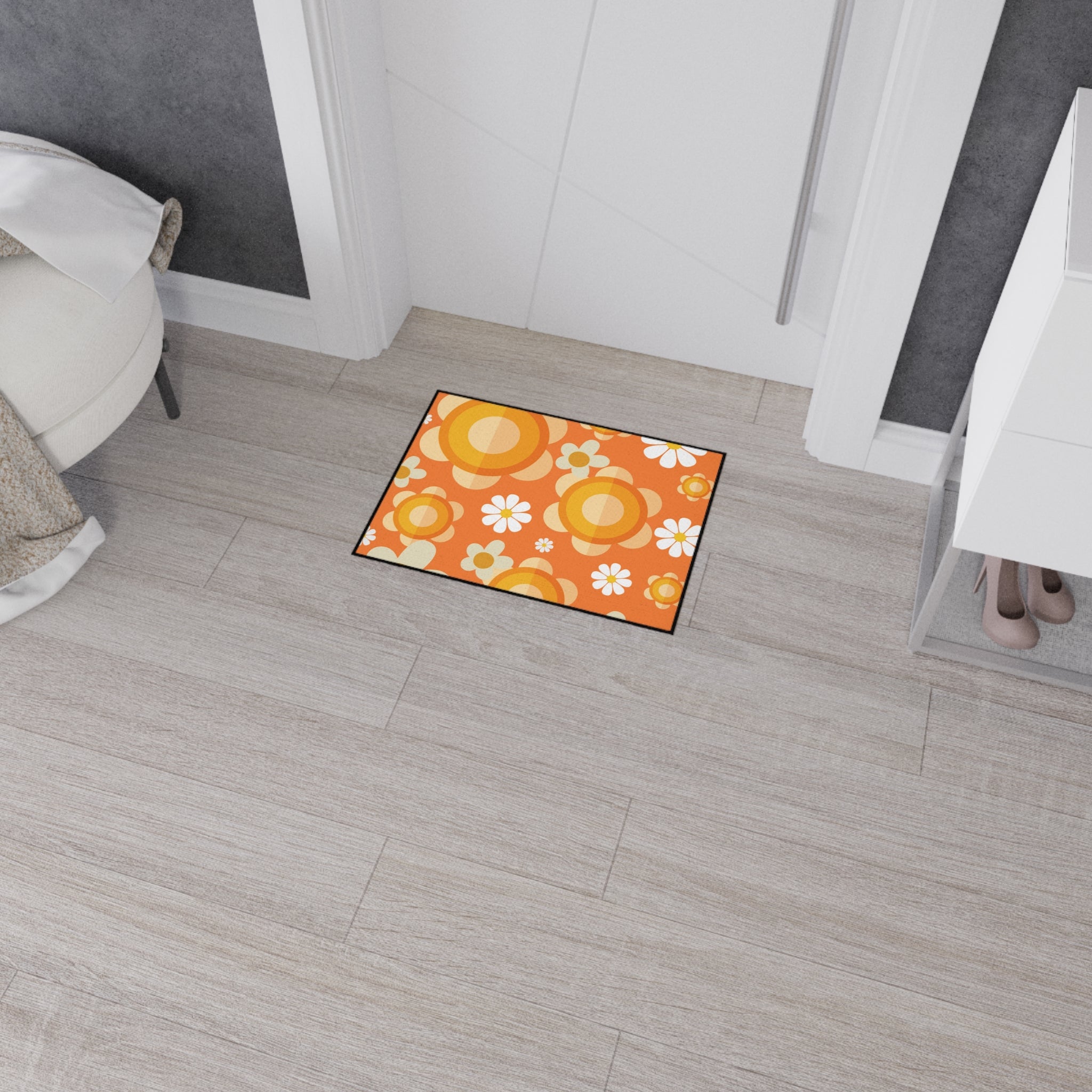 Retro Floral Orange, White Mod Daisy Heavy Duty Floor Mat - Ideal for Home Décor and Entryways - Mid Century Modern Gal