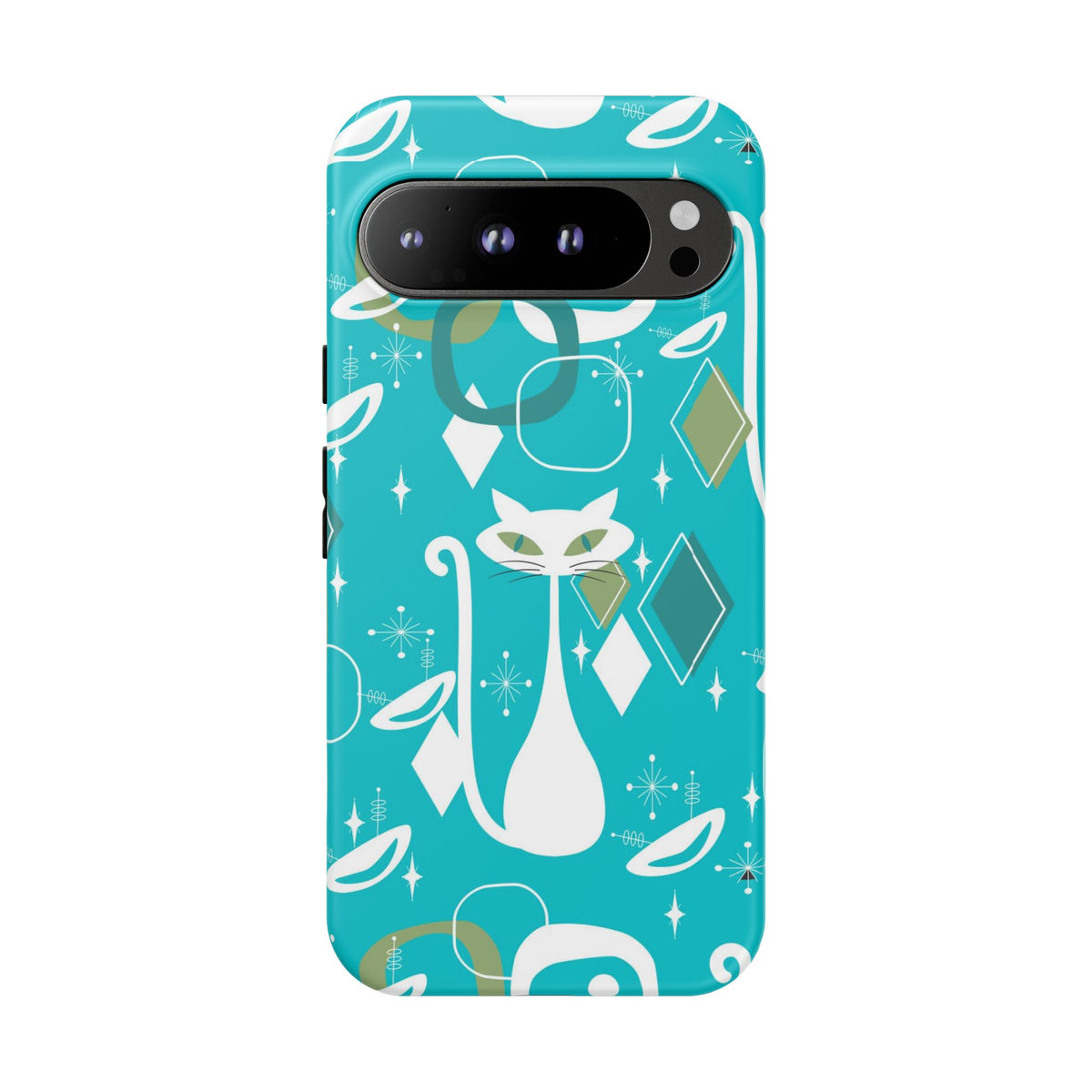 Atomic Cat Space Designs, Mid Century Modern, Aqua, White Kitschy Cat Tough Phone Case