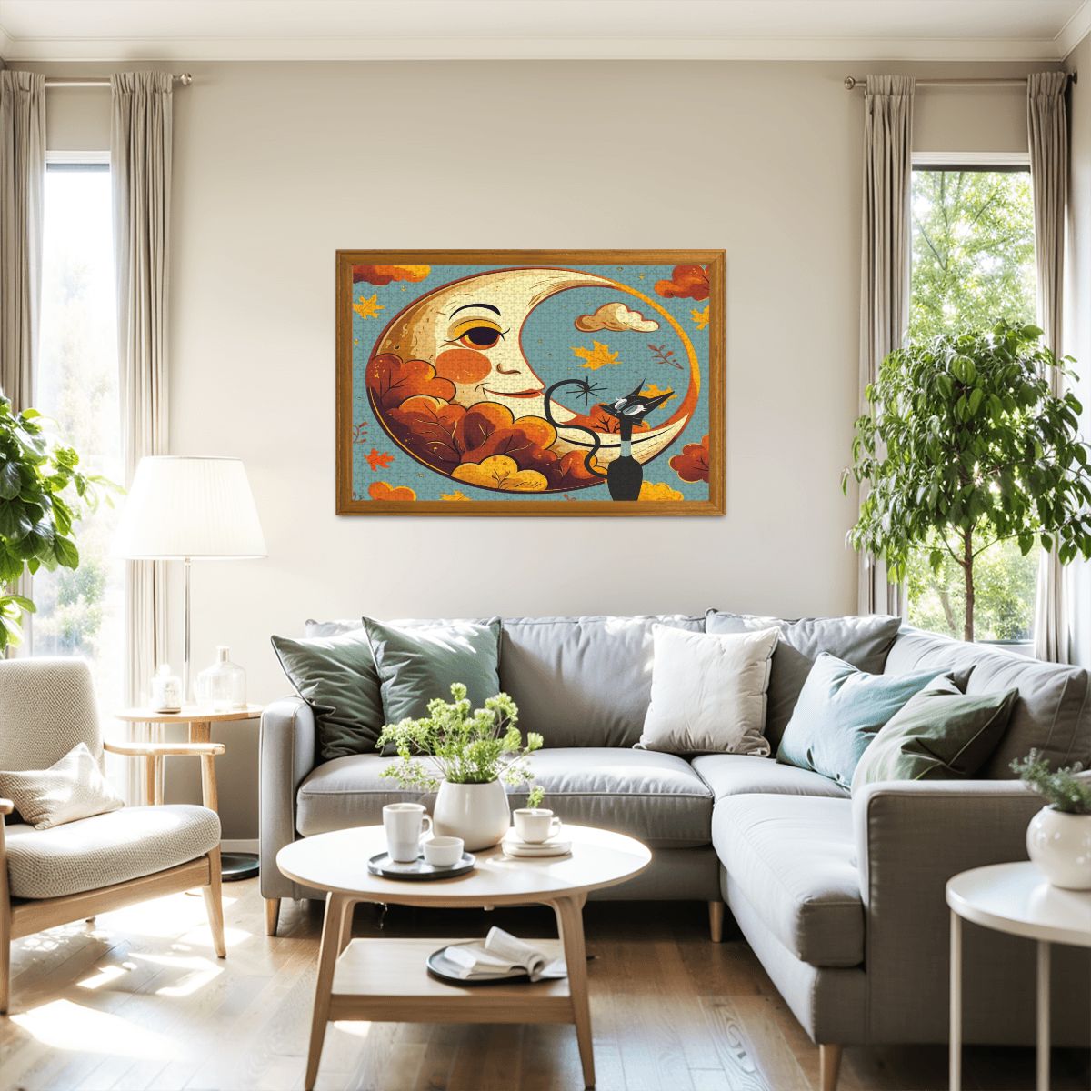 Atomic Celestial Moon, Kitschy Atomic Cat Harvest Halloween Wooden Jigsaw Puzzle - Mid Century Modern Gal